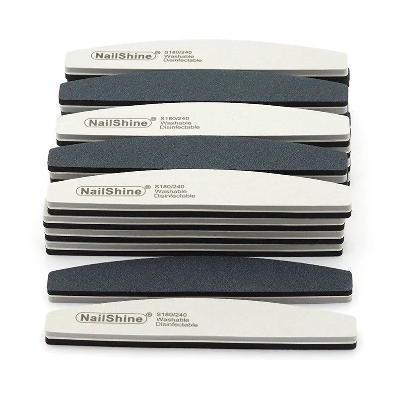 Set of 3, 5, or 10 curved (banana-style) nail files in gray and black; sponge-style, with grits ranging from coarse (100) to fine (280), suitable for manicures, pedicures, and prep for gel polish and artificial nails.