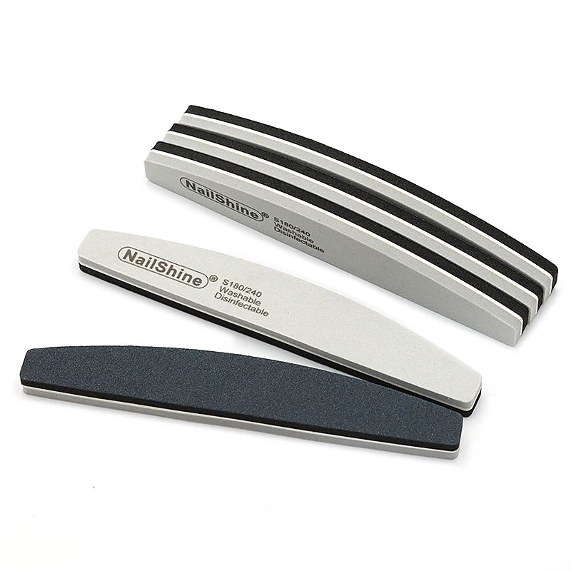 Set of 3, 5, or 10 curved (banana-style) nail files in gray and black; sponge-style, with grits ranging from coarse (100) to fine (280), suitable for manicures, pedicures, and prep for gel polish and artificial nails.