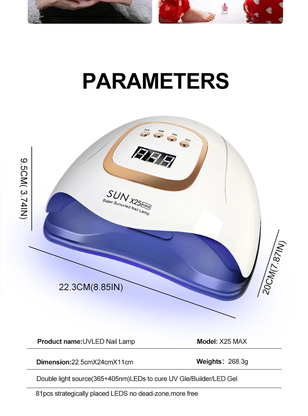 High-power UV-LED lamp with 81 LEDs for rapid nail drying and curing of all types of gel products; a high-performance professional dryer for nail extensions and salon manicures.