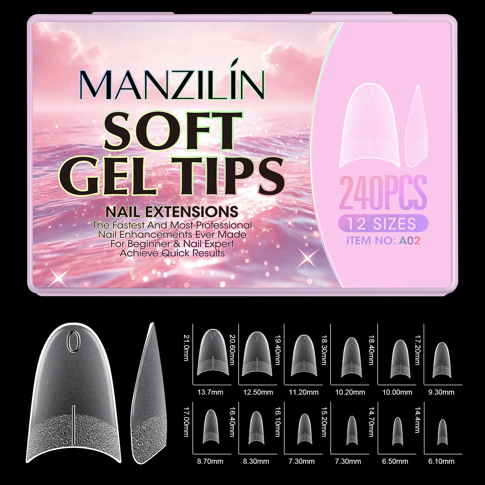 240Pcs Medium Almond Soft Gel Nail Tips Double Sided Matte Pre Etched No File Clear Full Cover Fake Nail Extensions DIY Salon