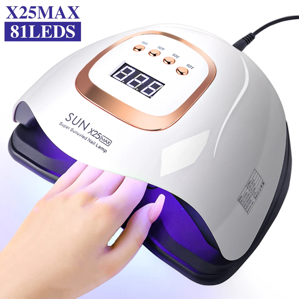 High-power UV-LED lamp with 81 LEDs for rapid nail drying and curing of all types of gel products; a high-performance professional dryer for nail extensions and salon manicures.