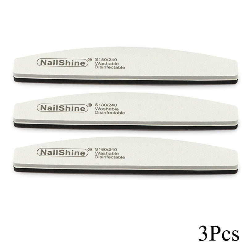 Set of 3, 5, or 10 curved (banana-style) nail files in gray and black; sponge-style, with grits ranging from coarse (100) to fine (280), suitable for manicures, pedicures, and prep for gel polish and artificial nails.