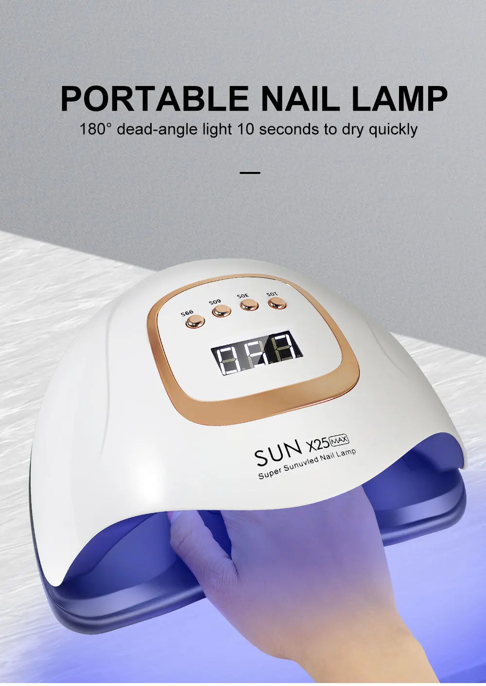 High-power UV-LED lamp with 81 LEDs for rapid nail drying and curing of all types of gel products; a high-performance professional dryer for nail extensions and salon manicures.