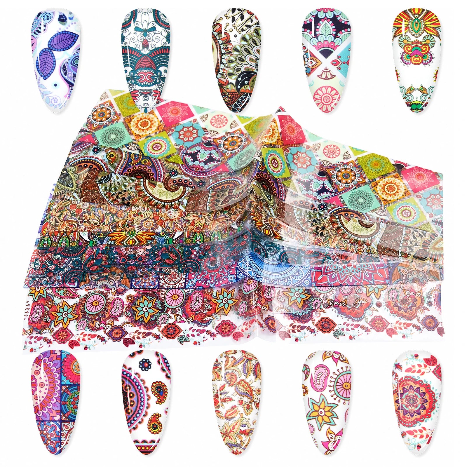 10pcs/Bag Bohemian Paisley Mandala Nail Transfer Foil Stickers Vintage Ethnic Flower Nail Art Decoration Supplies for Salon DIY