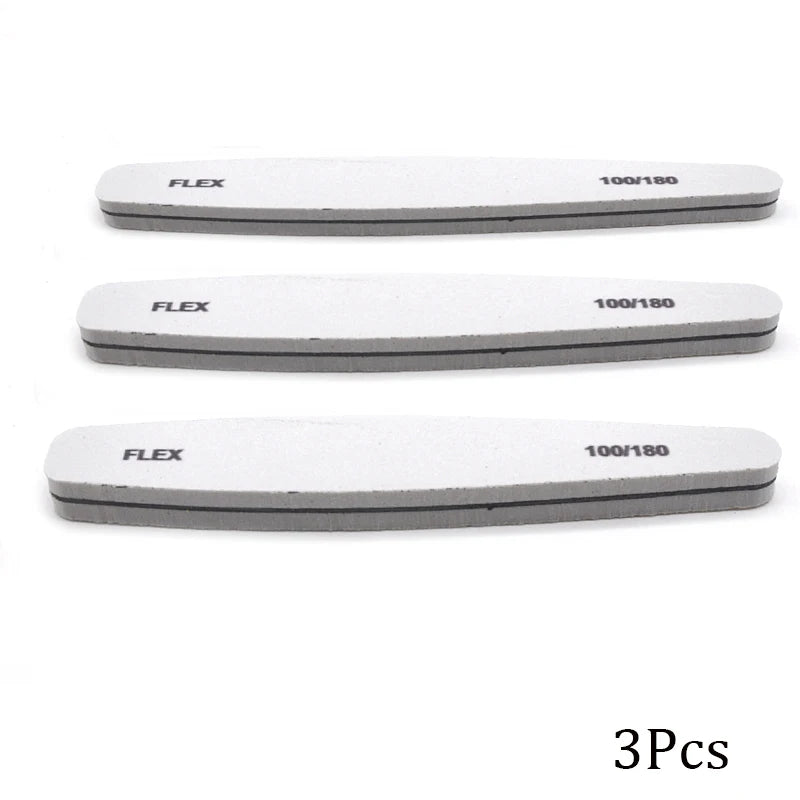 Set of 3, 5, or 10 curved (banana-style) nail files in gray and black; sponge-style, with grits ranging from coarse (100) to fine (280), suitable for manicures, pedicures, and prep for gel polish and artificial nails.