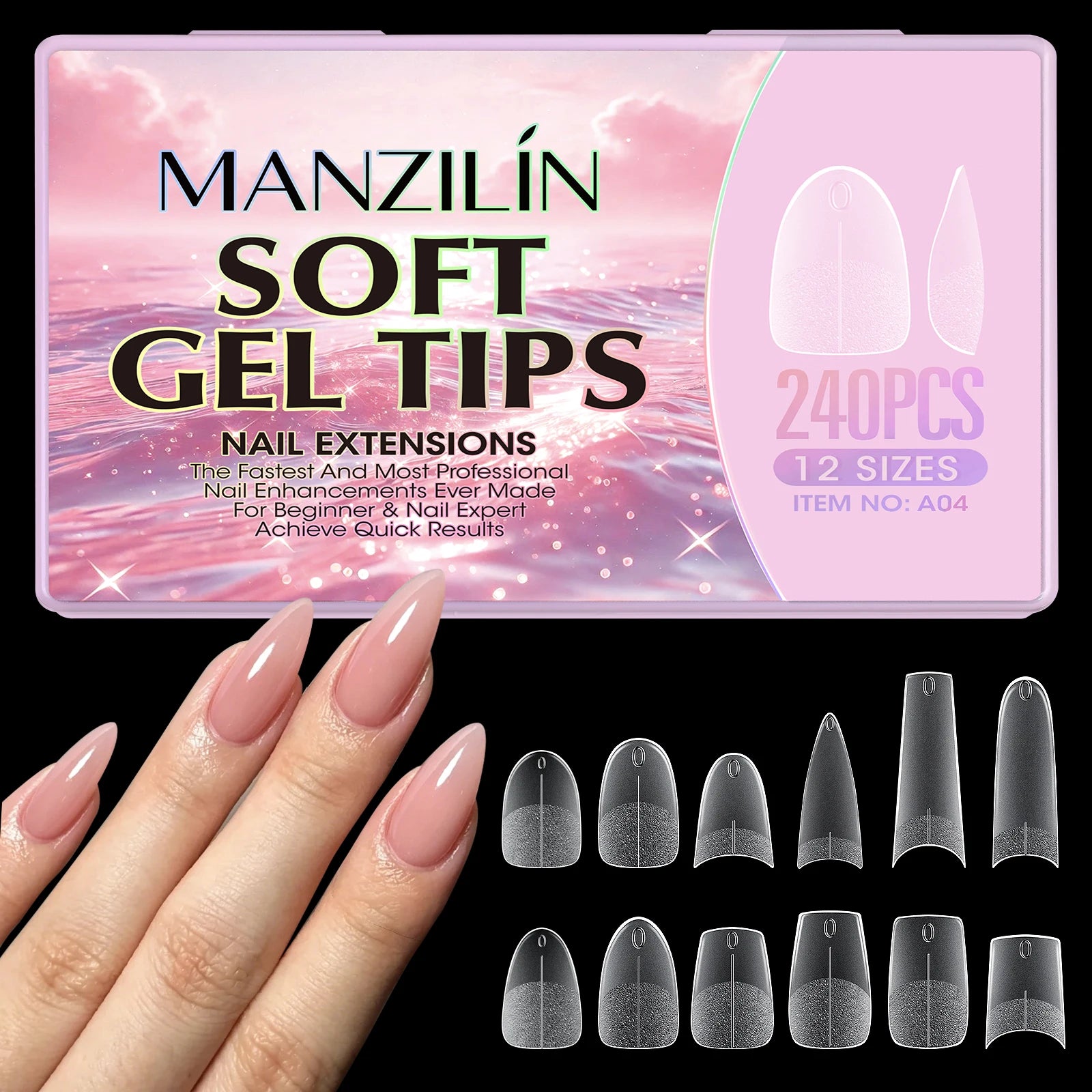 240Pcs Medium Almond Soft Gel Nail Tips Double Sided Matte Pre Etched No File Clear Full Cover Fake Nail Extensions DIY Salon